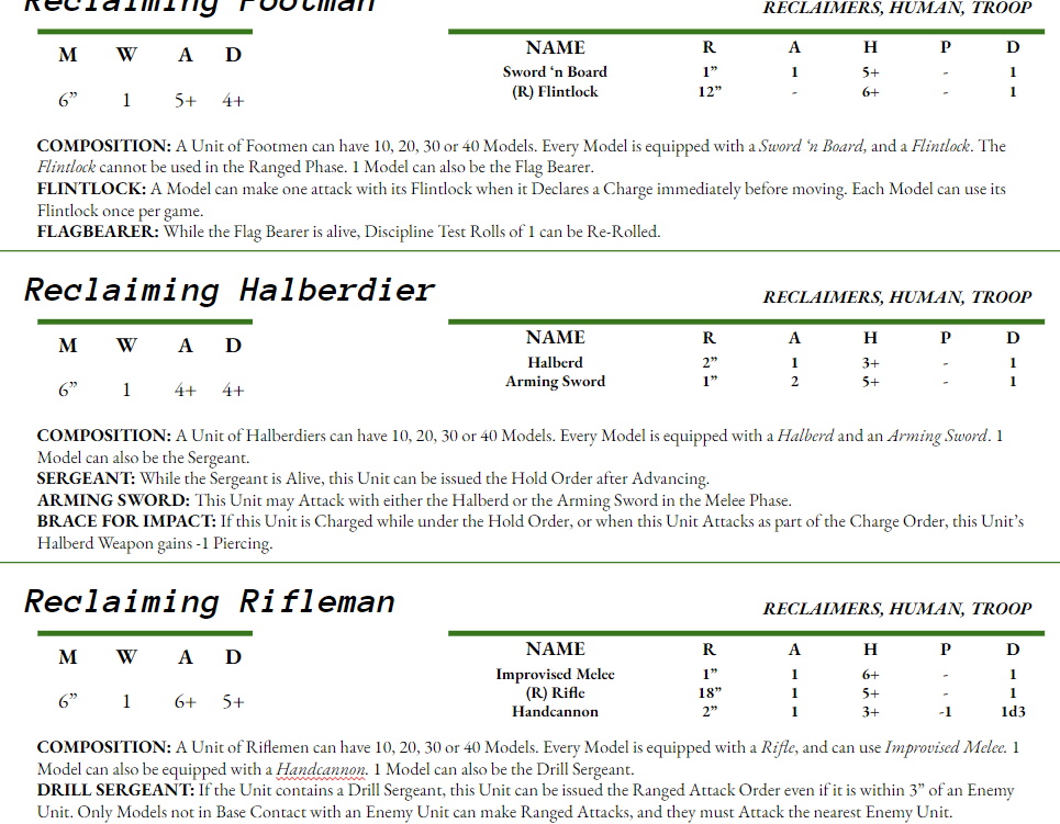 A list of statblocks for a wargame